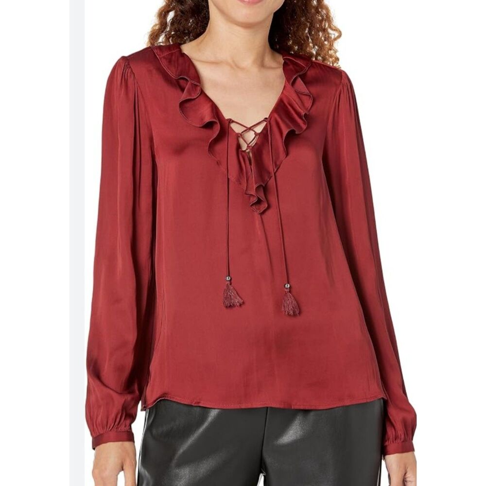 Paige Ilara Blouse Burgundy Ruffle Lace Up Tassel Top Size Small